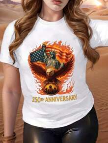 Camiseta con diseño de la Estatua de la Libertad y la Bandera Americana con un Águila en Llamas, Texto del 250º Aniversario Impreso en la Parte Delantera, Adecuada para Uso Casual, Eventos Patrióticos y Celebraciones, Camisetas para Mujer, Camisetas de Cuello Redondo, Camisetas del 250º Aniversario de los Estados Unidos, Camisetas del Día de la Independencia, Camisetas de Equipo, Camisetas con Estampado Gráfico, Tela de Algodón Puro de Baja Elasticidad, Cómoda de Usar, Camisetas de Manga Corta, Camisetas Casuales para Uso Diario al Aire Libre, La Mejor Opción para Regalos (Tallas S-5XL). Camiseta Algodón - Blanco - Ver 1