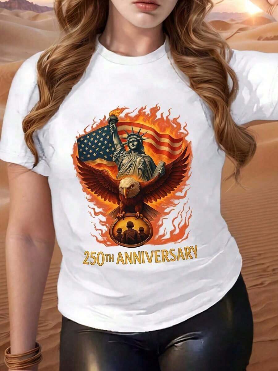 Camiseta con diseño de la Estatua de la Libertad y la Bandera Americana con un Águila en Llamas, Texto del 250º Aniversario Impreso en la Parte Delantera, Adecuada para Uso Casual, Eventos Patrióticos y Celebraciones, Camisetas para Mujer, Camisetas de Cuello Redondo, Camisetas del 250º Aniversario de los Estados Unidos, Camisetas del Día de la Independencia, Camisetas de Equipo, Camisetas con Estampado Gráfico, Tela de Algodón Puro de Baja Elasticidad, Cómoda de Usar, Camisetas de Manga Corta, Camisetas Casuales para Uso Diario al Aire Libre, La Mejor Opción para Regalos (Tallas S-5XL). Camiseta Algodón - Blanco - Ver 1