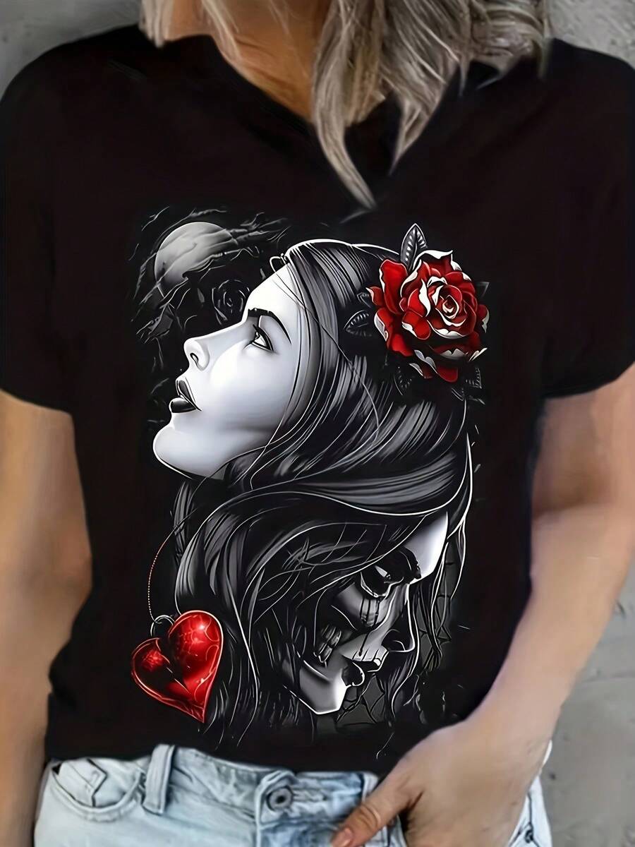 Short-Sleeved T-Shirt For Female Students And Young Girls, Loose Fit, Korean Summer Style, Plus Size, For Middle-Aged Women, Elegant And Rejuvenating, Half-Sleeve, Versatile, Black, Extra-Large, Round Neck Top, Casual Fashion Printed T-Shirt For Women, Popular Slim-Fit T-Shirt, Thin Base T-Shirt, Fashionable. - 黑色 - 查看 1