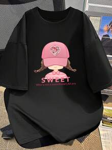 Camiseta de moda de manga corta para mujer, camiseta de verano con estampado de dibujos animados, diseño de nicho único, prenda interior#3333 - Negro - Ver 4