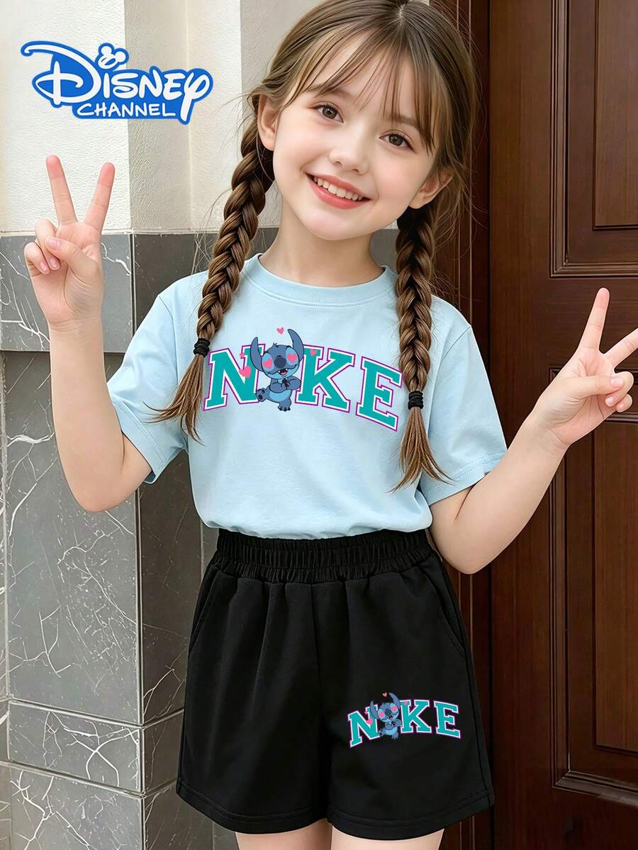 Disney Teen Girl Clothes Summer,Stitch -Style Two-Piece Set: T-Shirt And Shorts-Available In Kids' Summer Sets,Mother's Day, 4th Of July,D-Isney Alliance - Màu xanh nhạt - Xem 1