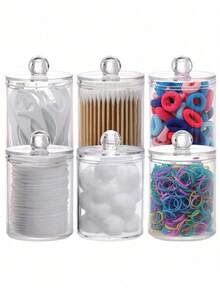 1/2/3/4/6pcs QTIP Stand With Plastic Lid, 10 Oz Clear Pharmacist Jar, Bathroom Organizer, Make-Up Round Pads, Swabs, Floss Pickup Storage Container - Clear - View 11