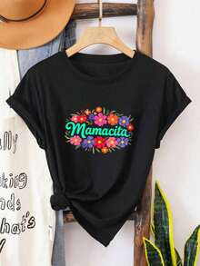 1 pieza de camiseta Mamacita para mujeres latinas, de algodón estampado, T--4180g, 100% algodón. - Negro 4 - Ver 3