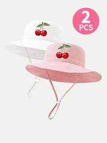 2顶可爱樱桃刺绣遮阳帽，适合幼儿女童，宽檐防丢渔夫帽，带下巴系带，夏季户外沙滩及学校游戏帽 - 2PCS-櫻桃 - 查看 1