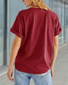 Women's T-Shirt With Rose Print, Loose Fit, Short Sleeve Summer Top, Casual Round Neck Boyfriend Style Top - 紅色 - 查看 5