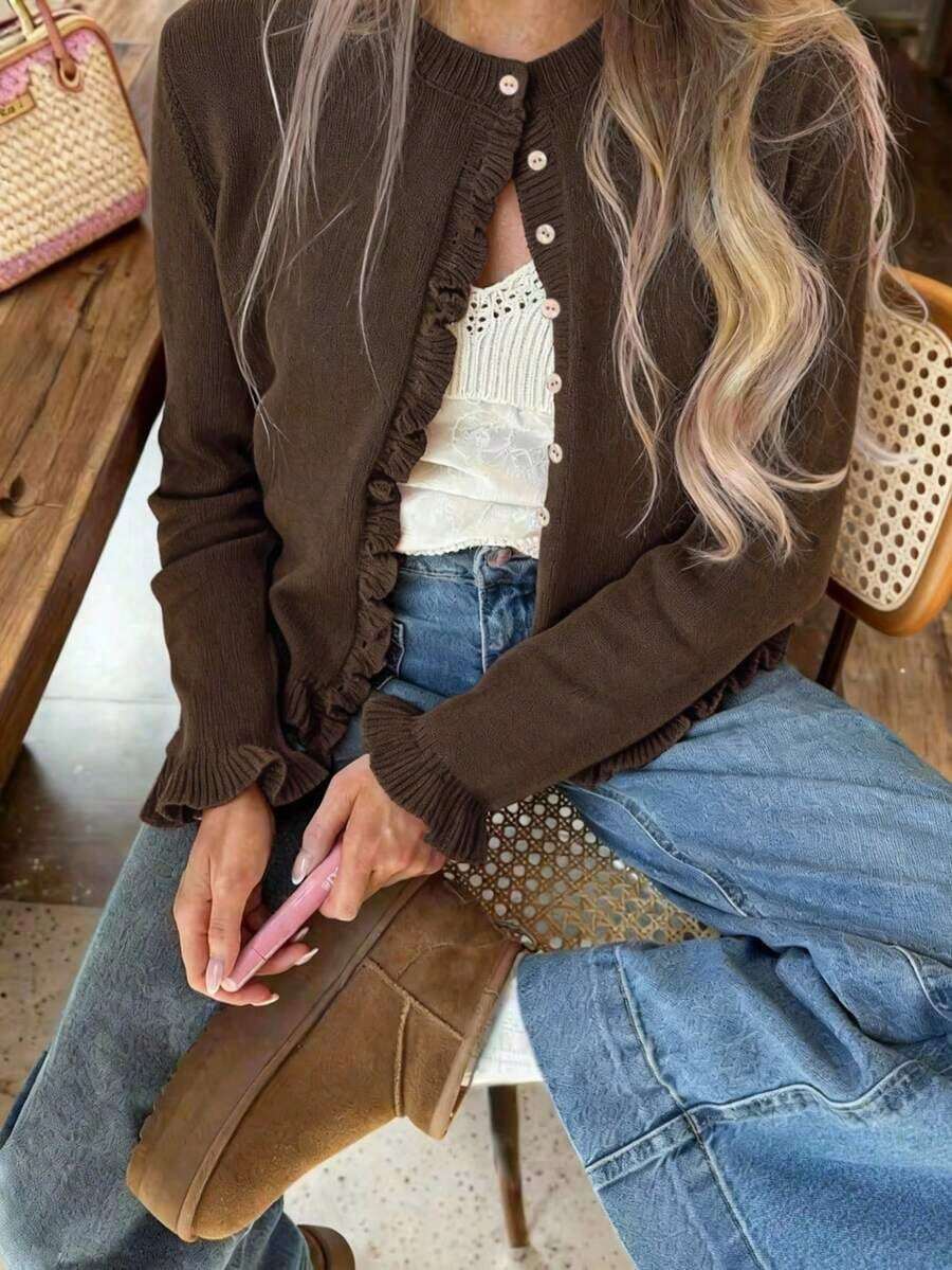 Nueva Suéter de Punto Minimalista de Cuello en V Manga Larga Color Blanco Puro, Adecuado para Primavera, Otoño e Invierno, Elegante y de Moda Cárdigan con Volantes, Versátil y Ajustado Cárdigan Casual para Uso Diario - Cafetería - Ver 1