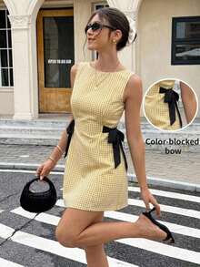 Vestido mini de verano casual y de vacaciones para mujer con estampado de rayas y contraste de color con nudo sin mangas - Multicolor - Ver 9