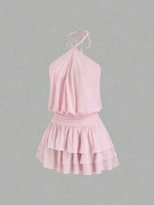 Vestido mini con espalda descubierta, estilo sexy y picante, de cuello halter, adecuado para citas, vacaciones y verano - Rosa 2 - Ver 8