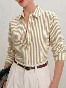 Camisa blanca con botones delanteros en el cuello, blusa de mujer minimalista y elegante versátil y todo a juego, adecuada para ir al trabajo, uso diario, estilo vintage romántico de los 90, Navidad, Año Nuevo, San Valentín, fiesta, playa, graduación, moda, carnaval, vacaciones, invitada de boda, brunch, aeropuerto, multiocasión - Caqui - Ver 7