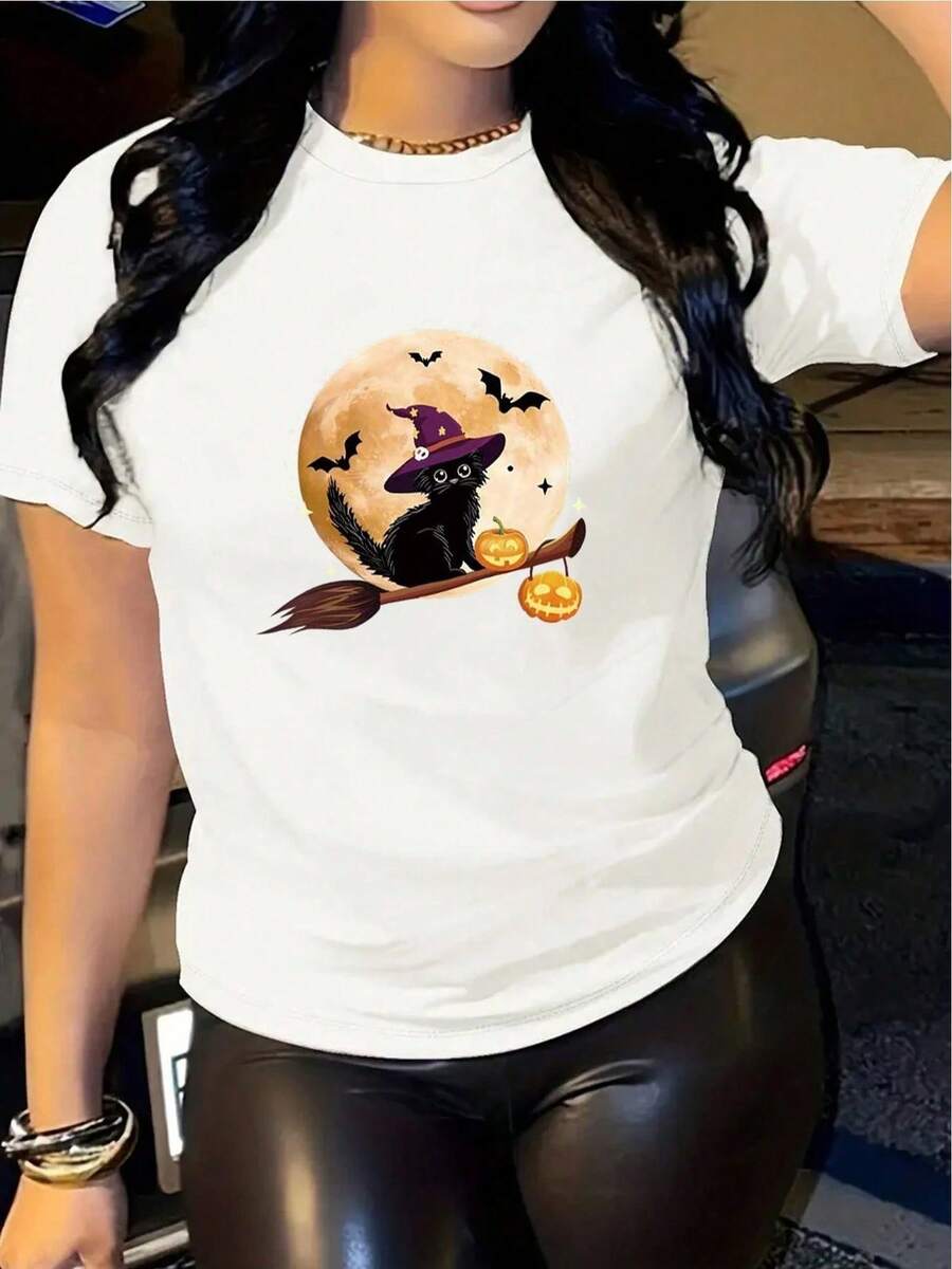 Camiseta divertida gato negro bruja arte encantador estilo único diseño creativo Halloween moda cómoda casual talla S/M/L color blanco categoría ropa femenina  2023 - Blanco - Ver 1