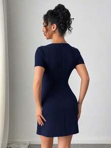 Vestido mini ajustado con decoración de lazo, de manga corta, elegante, romántico y de estilo para oficina y fiesta para mujeres - Azul marino - Ver 3
