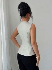 Blusa sin mangas de línea A con cuello de volantes elegante para mujer, adecuada para ir al trabajo, vacaciones, citas, salidas, jardín, reuniones familiares, Día del Trabajo, días festivos, Día de la Independencia, vuelta al colegio, maestros, Halloween, Acción de Gracias - Celeste - Ver 2