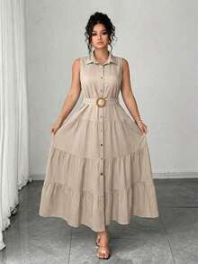 Vestido camisero de talla grande para mujer, de unicolor, casual, con un solo botón delantero y sin mangas, vestido plisado, para verano - Albaricoque - Ver 5