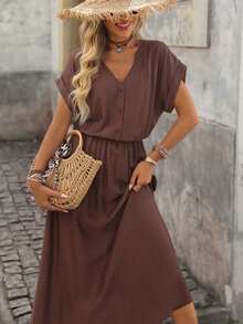 Vestido de mujer de manga corta holgado con cuello en V y medio abierto, de tela texturizada, adecuado para exteriores y vacaciones, primavera/verano - Marrón - Ver 8
