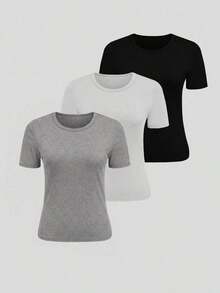 Set de 3 camisetas casuales de manga corta y cuello redondo de corte slim para mujer - Multicolor - Ver 3