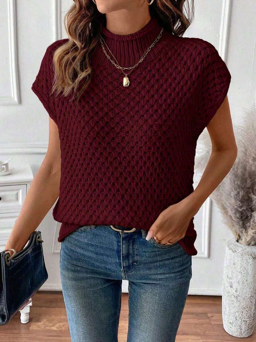 Suéter de punto de cuello redondo sin mangas de textura romántica roja elegante para el Día de San Valentín - Burdeos - Ver 1