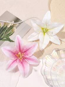 2入百合花女用髮夾，逼真花卉鯊魚夾星辰粉與白色髮飾，法式優雅髮夾適用於粗細髮質，新娘婚禮夏季海灘配件，彈簧夾、髮卡 - 彩色 - 查看 2