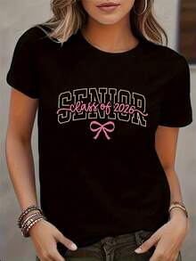 1 camiseta estampada de moda femenina para la temporada de graduación, cuello redondo casual, manga corta, transpirable, lavable a máquina, 180g 100% algodón. - Negro - Ver 11