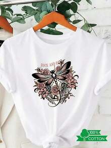 Camiseta de cuello redondo para mujer con estampado de letras y anime a la moda, de diseño sencillo, cómoda y transpirable, adecuada para el uso diario informal y versátil, que muestra un estilo natural y elegante, imprescindible para fiestas de verano, envío local, Dragonfly Rose 100% algodón puro. - Blanco - Ver 7