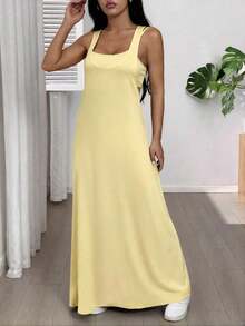 Vestido casual sin mangas con cuello asimétrico para mujer, vestido de verano con sujetador incorporado, color amarillo crema - Negro 3 - Ver 5