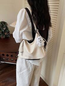 Bolso de hombro de gran capacidad con textura mate retro Merlard 2025, bolso de playa de alta gama, bolso de compras, bolso único con textura, bolso cruzado con cremallera y doble correa - Blanco - Ver 4