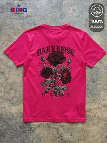 King T-shirt Playera 100% algodón de excelente calidad, esta playera garantiza una suavidad excepcional al tacto, cuello redondo con estampado "Dark Rose Gothic Floral" y manga corta - Rosa Fucsia-Est-Negro - Ver 2