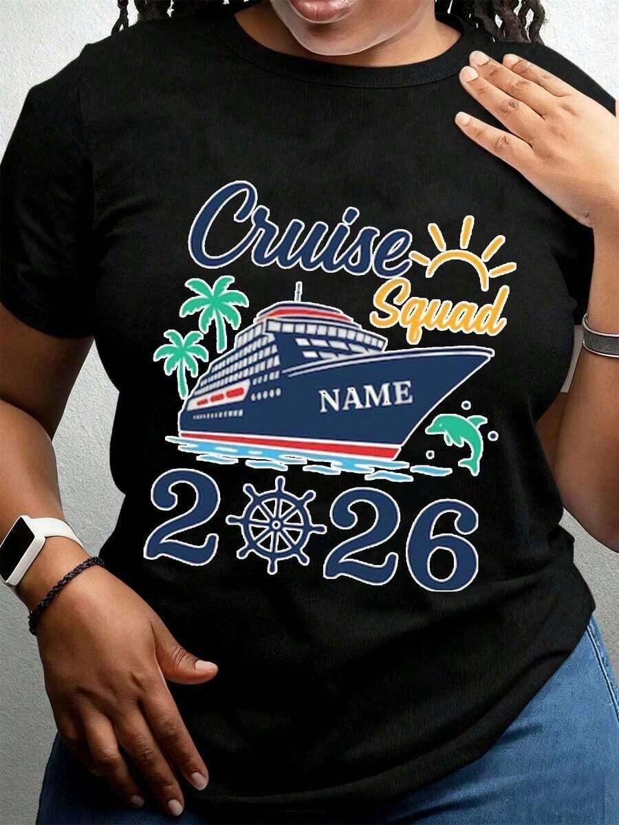 Pure Cotton T-Shirt With Cruise Ship And Palm Tree Design With 2026 Cruise Group Name Text, Casual Round Neck, Soft, Comfortable And Elastic Fabric, Suitable For Vacation, Travel, Beach Parties, Daily Wear, Perfect Gift For Family Or Loved Ones During The Holidays, Seasonal Use All Year Round. - 黑色 - 查看 1
