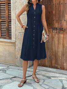 Vestido casual de verano para mujer con escote en pico, manga corta y estampado geométrico - Azul marino - Ver 3
