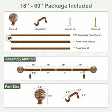 Wood Curtain Rods For Windows 48 To 84 Inch,1'' Diameter Drapery Rods With Imitation Wood Grain Leaf Pattern Finials,Boho Adjustable Heavy Duty Curtain Rods Set,36-88'',Color:Natural Wood - Antique-gold Wood - View 10