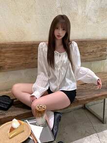 Doll Blouse Square Neck Striped Print Tie-Front Elegant Long Sleeve Shirt White - White - View 5