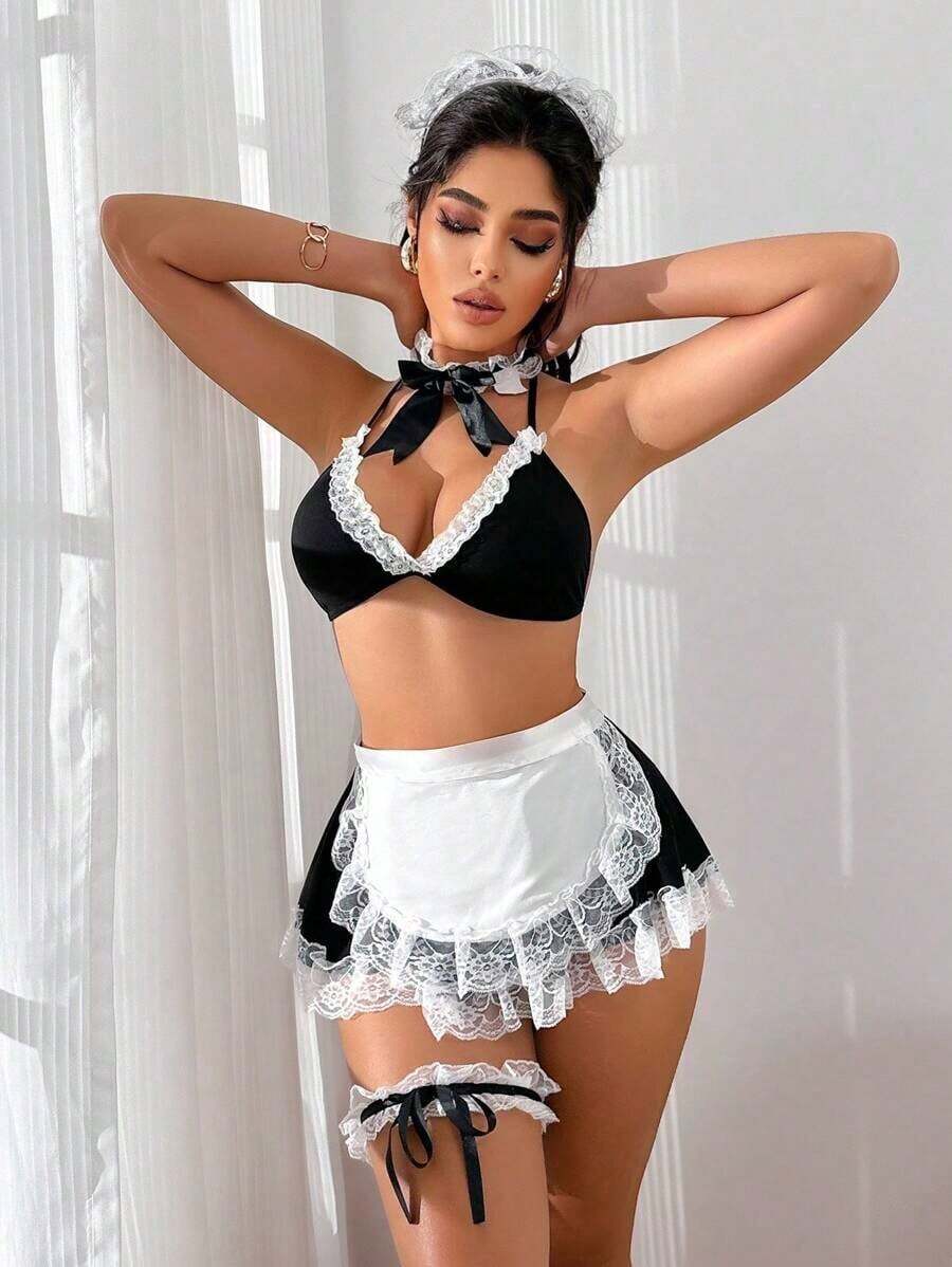Plus-Size Classic Black-White Lace Patchwork Maid Costume-Piece Set Sexy Lingerie Sets Teddy Lingerie Babydoll Nightgown Lace Lingerie Sheer Mesh Lingerie Plus Size Valentines Lingerie Sexy Lace Babydoll Lingerie Set With Thong - 黑白 - 查看 1