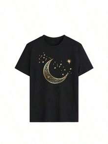 Women's Cotton T-Shirts Women's Short Sleeve T-Shirt, Round Neck, 100% Cotton, Loose Fit, Casual And Versatile Style With Modern Print. - 黑色 - 查看 3
