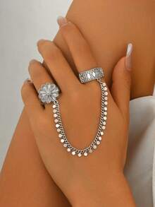 1 pezzo Anello regolabile in stile lussuoso con catena a nappe con fiori e paillettes placcato oro in rame, adatto per accessori da donna per matrimonio, banchetto, festa - Argento - Visualizzare 3