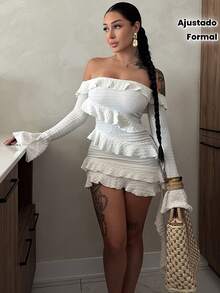 Vestido de Fiesta Sexy para Mujer - Hombros Descubiertos, Mangas Largas Acampanadas, Mini Ajustado y No Transparente para Salidas Nocturnas o Eventos Formales - Traje de Otoño para Fiestas y Cenas - Blanco - Ver 9