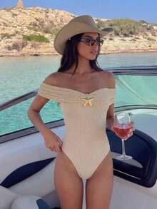 Glamour Nuevo traje de baño de una pieza con hombros descubiertos, espalda descubierta y decoración de estrella de mar metálica para mujer, de tela con textura de burbujas, para primavera/verano, en playas y resorts - Albaricoque - Ver 11