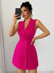 Nuevo vestido mini de mujer con diseño de lazo, de cuello de solapa, doble botonadura, escote en V profundo, sin mangas, ajustado, versátil para fiesta, cita, joven, elegante, pequeña y sexy - Rosa Fucsia - Ver 5