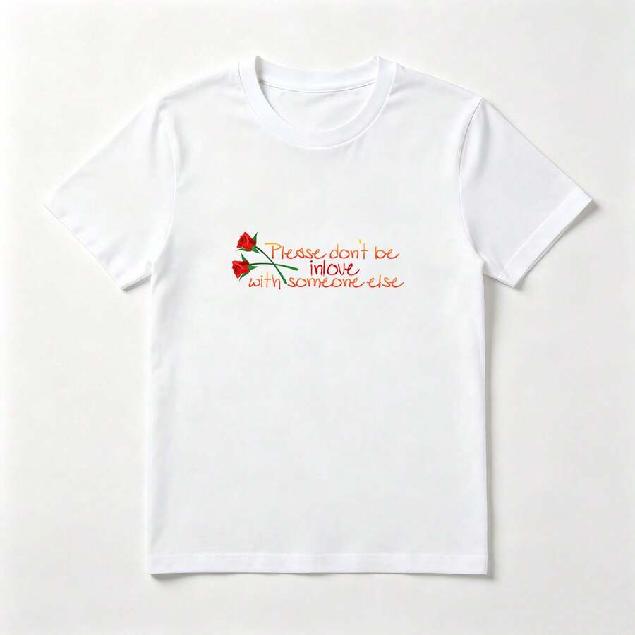Rojas y Naranjas Playera de Algodón Blanca con Flores y Texto - Blanco - Ver 1