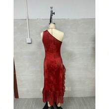 Retro Holiday-Style Maxi Dress With Mixed Print, Asymmetrical Ruffle Skirt, And Modern Design - Red - View 5