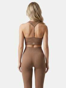 Women's Two-Piece Ribbed Design Activewear Set, Fitness Set, Workout Set, Legging And Top Set With Back Adjuster - 駝色 - 查看 3