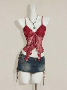 Top informal de tirantes con escote en V, dobladillo con volantes y estampado floral rosa para vacaciones' - Burdeos - Ver 3