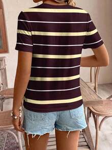 Frenchy Camiseta de manga corta holgada con cuello redondo, estilo asimétrico a rayas, minimalista y casual, versátil, adecuada para primavera/verano y temporada deportiva - Multicolor 16 - Ver 6