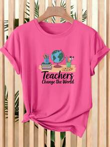 Blusa casual de mujer, nueva camiseta de manga corta de verano para mujer con estampado educativo de temas relacionados con la tierra y la papelería, adecuada para el hogar, la oficina y los viajes, top versátil, camisetas de algodón para mujer. - Blanco - Ver 8