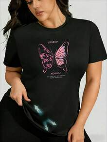 Camiseta de mujer de algodón manga corta casual estampado mariposa y frase cómoda para vacaciones - Negro - Ver 6