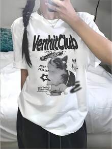 Camiseta Casual de Cuello Redondo Y2K para Mujer - Estampado de Gato y Letras, Manga Corta Ligera 185gsm con Diseño Cartoon para Primavera Verano Otoño - Blanco - Ver 1