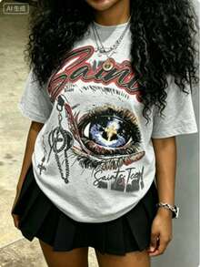 Cotton Clothes Y2K-Inspired Letter Print T-Shirt,Casual Crew Neck Short Sleeve, Perfect For Spring Summer Fall, Fashion Streetwear Unisex, Graphic Tee - 灰色 - 查看 12