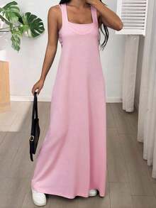 Vestido casual sin mangas con cuello asimétrico para mujer, vestido de verano con sujetador incorporado, color amarillo crema - Rosa Pálido - Ver 3