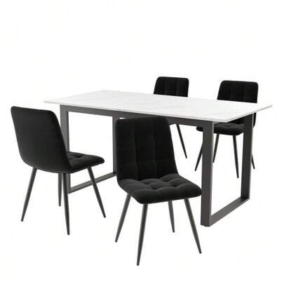 Essgruppe,(Set,140/180*80*75cm Essstisch Mit 4 Stühlen), Moderner Küchentisch Set,Schwarz Samt Esszimmerstühle,MDF Tischplatte In Weißer,Schwarz Tischbeine