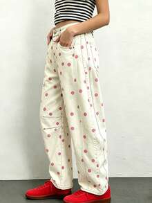 Women's Fashion Polka Dot Wide Leg Jeans, Loose Barrel Pants At The Mid-Waist, Aesthetic And Casual Y2k Jeans, Suitable For Everyday Street Wear - 粉色 - 查看 3