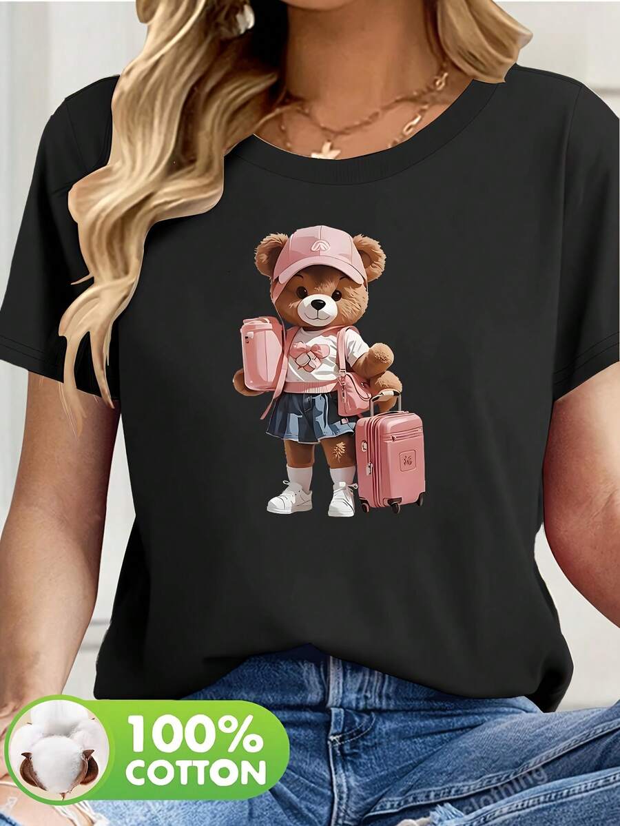 Camiseta de Mujer de 180g 100% Algodón con Estampado de Oso Tierno - Manga Corta Cuello Redondo, Blusa Casual para Primavera y Verano, Ideal para Looks Informales, Picnic, Relajarse, Lavable a Máquina