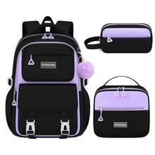 3pcs Set: Backpack + Handbag + Pouch, Colorblock School Style, Pom Pom Decor, Multi-Compartment, Large Capacity, Suitable For Daily Commute And Travel - Sets - View 6